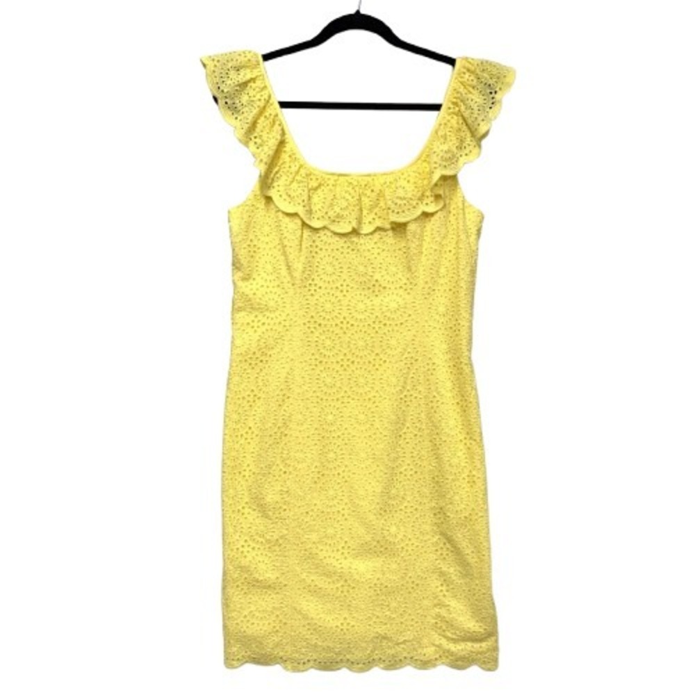 Lilly Pulitzer Ryann Shift Dress, Size 10, Yellow Cotton Eyelet Ruffle No Belt